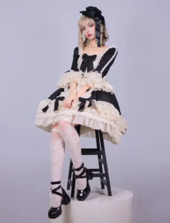 Lolitashow Exclusive Black Gothic Lolita Dress Chiffon Bow Ruffles Color Block Long Sleeve Tea Party Dress -AYA Cosplay Shop 6882bb98873f47c98ab10645ed16e024