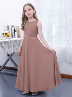 Pink Flower Girl Dress Chiffon Lace Jewel Neck Sleeveless Lotus Kids Birthday Party Dresses -AYA Cosplay Shop 6f6f2977e8fb410f8a5a4c8c5b12ece4