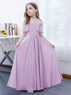 Cameo Pink Flower Girl Dress Chiffon Pleated Off-The-Shoulder Sleeveless Kids Birthday Party Dresses -AYA Cosplay Shop 7002052cc4384a7a98d5728e4fd5d0cd