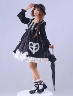 Lolitashow Exclusive Gothic Lolita Dresses Lace Ruffles Long Sleeves Black Polyester Daily Casual Dress -AYA Cosplay Shop 70189e20133f4a1995c0905e82265b18