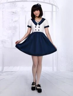 Lolitashow White Navy Blue Lolita One-piece Dress Sailor Style Short Sleevs -AYA Cosplay Shop 737ce28c db7c 4663 9701 a46fb5050d5f