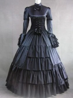 Victorian Dress Costume Prom Dress Black Satin Ruffle Long Sleeves Victorian Era Outfits Retro Costumes Halloween