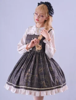 Lolitashow Exclusive Gothic Lolita Dress Lace Up Ruffles Floral Print Deep Brown Summer Tea Party Chiffon Dress