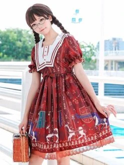 Sweet Lolita OP Dress Royal Trojan Bow Print Chiffon Burgundy Lolita One Piece Dress -AYA Cosplay Shop 777f590f f852 4822 8783 3302e28b832e