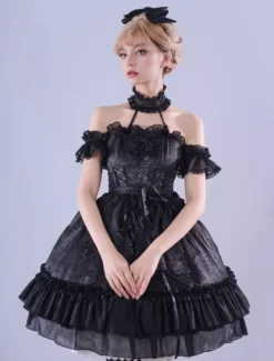 Lolitashow Exclusive Gothic Lolita Dresses Ruffles Lace Jacquard Sleeveless Black Summer Daily Casual Dress -AYA Cosplay Shop 7c33504a24b946a5ae4788566b4f16d3