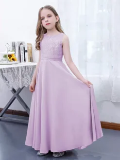 Pink Flower Girl Dress Chiffon Lace Jewel Neck Sleeveless Lotus Kids Birthday Party Dresses -AYA Cosplay Shop 7fb31528df064e038b31ed3f54338c3f