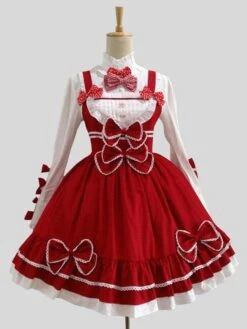 Sweet Lolita Outfits Long Sleeve Stand Collar Bows Lolita Top With Red Ruffles A Line Jumper Dress