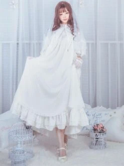Classic Lolita OP One Piece Dress Stand Collar Long Sleeve Frills Ruffles White Lolita Dresses With Bows