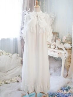 Classic Lolita OP One Piece Dress Stand Collar Long Sleeve Frills Ruffles White Lolita Dresses With Bows -AYA Cosplay Shop 919595a3 fcb9 48f6 8ff7 dbca8b554445