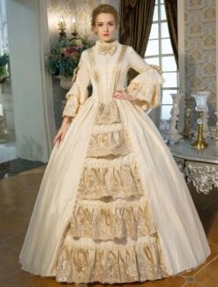Victorian Dress Costume Retro Costumes Victorian Era Clothing Beige Long Flared Sleeves Ruffle Royal Costumes Dress Halloween