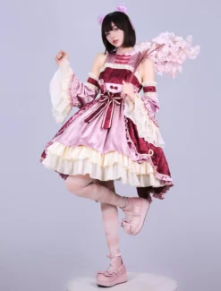 Lolitashow Exclusive Chinese Style Lolita Dress Bows Sleeveless Chiffon Floral Print Burgundy Tea Party Dress -AYA Cosplay Shop 958bb89be29f4e29bb551bb948bcff74