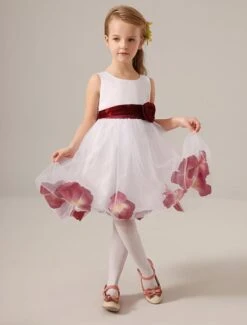 White Jewel Neck Knee-Length Flower Tulle Flower Girl Dress