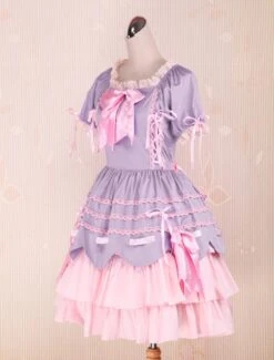 Lolitashow Sweet Purple Pink Lolita OP Dress Short Sleeves Layers Bows And Trim -AYA Cosplay Shop 9cac846b b217 48d2 8de3 8a1627fda208