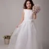 White Flower Girl Dresses A Line Kids Bows Sash Bateau Neck Ankle Length First Communion Dress -AYA Cosplay Shop Ball Gown Sash Sleeveless Satin First Communion Dress 15013 1