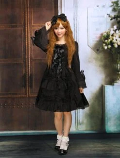 Lolitashow Black Bows Lace Cotton Classic Lolita Dress -AYA Cosplay Shop Black Bows Lace Cotton Classic Lolita Dress 49391 4