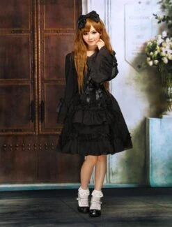 Lolitashow Black Bows Lace Cotton Classic Lolita Dress -AYA Cosplay Shop Black Bows Lace Cotton Classic Lolita Dress 49391 5