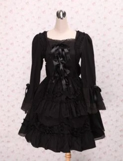 Lolitashow Black Bows Lace Cotton Classic Lolita Dress -AYA Cosplay Shop Black Bows Lace Cotton Classic Lolita Dress 49391 7