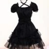 Lolitashow Pure Black Lolita One-piece Dress Short Sleeves Lace Trim Neck Straps -AYA Cosplay Shop Black Cotton Yarn Ruffled Classic Lolita Dress 51435 17