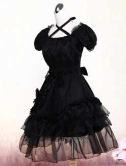Lolitashow Pure Black Lolita One-piece Dress Short Sleeves Lace Trim Neck Straps -AYA Cosplay Shop Black Cotton Yarn Ruffled Classic Lolita Dress 51435 18