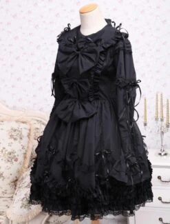 Lolitashow Elegant Gothic Black Cotton Lolita OP Dress Long Sleeves Lace Trim Bows Ruffles -AYA Cosplay Shop Black Turndown Collar Bows Cotton Gothic Lolita Dress 49495 4