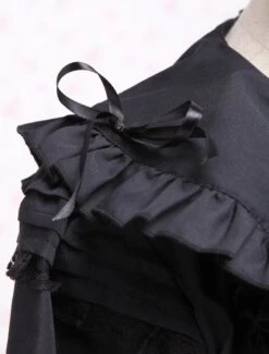 Lolitashow Elegant Gothic Black Cotton Lolita OP Dress Long Sleeves Lace Trim Bows Ruffles -AYA Cosplay Shop Black Turndown Collar Bows Cotton Gothic Lolita Dress 49495 6