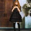 Lolitashow Gothic Lolita Dress OP Black Short Sleeves Shirring Lace Up Ruffles Bows Cotton Lolita One Piece Dress -AYA Cosplay Shop Black Turndown Collar Ruffle Cotton Gothic Lolita Dress 49401 3