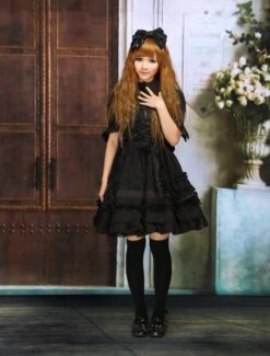Lolitashow Gothic Lolita Dress OP Black Short Sleeves Shirring Lace Up Ruffles Bows Cotton Lolita One Piece Dress -AYA Cosplay Shop Black Turndown Collar Ruffle Cotton Gothic Lolita Dress 49401 4