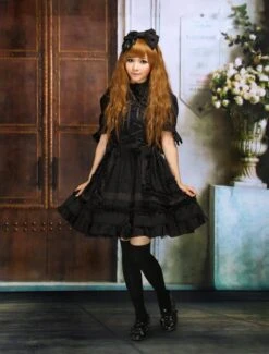 Lolitashow Gothic Lolita Dress OP Black Short Sleeves Shirring Lace Up Ruffles Bows Cotton Lolita One Piece Dress -AYA Cosplay Shop Black Turndown Collar Ruffle Cotton Gothic Lolita Dress 49401 5