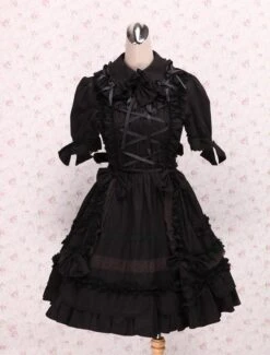 Lolitashow Gothic Lolita Dress OP Black Short Sleeves Shirring Lace Up Ruffles Bows Cotton Lolita One Piece Dress -AYA Cosplay Shop Black Turndown Collar Ruffle Cotton Gothic Lolita Dress 49401 6