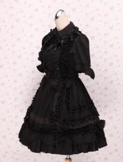 Lolitashow Gothic Lolita Dress OP Black Short Sleeves Shirring Lace Up Ruffles Bows Cotton Lolita One Piece Dress -AYA Cosplay Shop Black Turndown Collar Ruffle Cotton Gothic Lolita Dress 49401 7