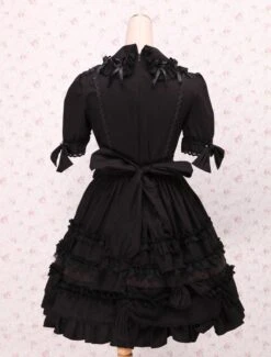 Lolitashow Gothic Lolita Dress OP Black Short Sleeves Shirring Lace Up Ruffles Bows Cotton Lolita One Piece Dress -AYA Cosplay Shop Black Turndown Collar Ruffle Cotton Gothic Lolita Dress 49401 8