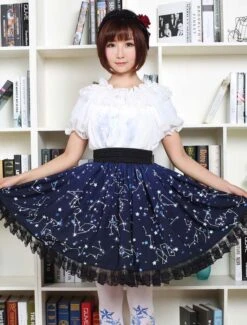 Lolitashow Sweet Lolita Dress Blue Constellation Printed Lolita Skirt With Black Lace Trim -AYA Cosplay Shop Blue Lolita Dress Sweet Constellation Printed Lolita Skirt With Black Lace Trim 616477 3099593