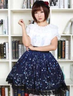 Lolitashow Sweet Lolita Dress Blue Constellation Printed Lolita Skirt With Black Lace Trim -AYA Cosplay Shop Blue Lolita Dress Sweet Constellation Printed Lolita Skirt With Black Lace Trim 616477 3099595