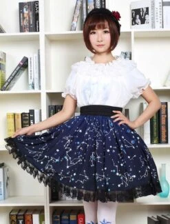 Lolitashow Sweet Lolita Dress Blue Constellation Printed Lolita Skirt With Black Lace Trim -AYA Cosplay Shop Blue Lolita Dress Sweet Constellation Printed Lolita Skirt With Black Lace Trim 616477 3099599