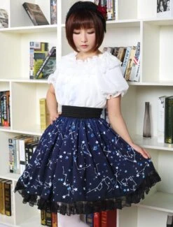 Lolitashow Sweet Lolita Dress Blue Constellation Printed Lolita Skirt With Black Lace Trim -AYA Cosplay Shop Blue Lolita Dress Sweet Constellation Printed Lolita Skirt With Black Lace Trim 616477 3099605