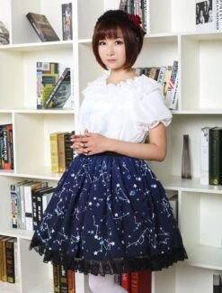 Lolitashow Sweet Lolita Dress Blue Constellation Printed Lolita Skirt With Black Lace Trim -AYA Cosplay Shop Blue Lolita Dress Sweet Constellation Printed Lolita Skirt With Black Lace Trim 616477 3099613