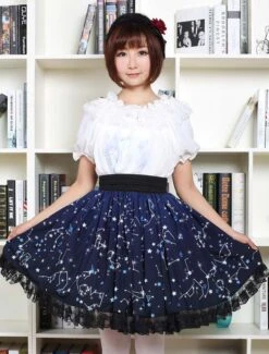 Lolitashow Sweet Lolita Dress Blue Constellation Printed Lolita Skirt With Black Lace Trim -AYA Cosplay Shop Blue Lolita Dress Sweet Constellation Printed Lolita Skirt With Black Lace Trim 616477 3099615