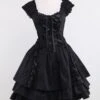 Gothic Lolita Dress OP Black Square Neck Short Sleeve Ruffle Tiered Lolita One Piece Dress -AYA Cosplay Shop Classic Black Layered Lace Up Cotton Lolita Dress 155778 0