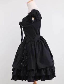 Gothic Lolita Dress OP Black Square Neck Short Sleeve Ruffle Tiered Lolita One Piece Dress -AYA Cosplay Shop Classic Black Layered Lace Up Cotton Lolita Dress 155778 2