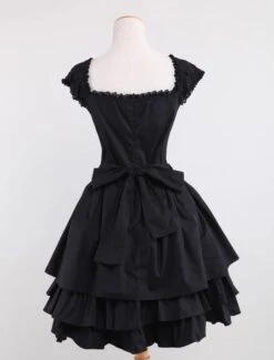 Gothic Lolita Dress OP Black Square Neck Short Sleeve Ruffle Tiered Lolita One Piece Dress -AYA Cosplay Shop Classic Black Layered Lace Up Cotton Lolita Dress 155778 3