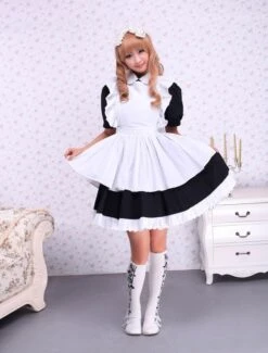 Lolitashow Cotton Black Maid Lolita OP Dress White Apron Short Sleeves -AYA Cosplay Shop Cotton Black And White Lace Cosplay Lolita Dress 16649 2