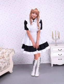 Lolitashow Cotton Black Maid Lolita OP Dress White Apron Short Sleeves -AYA Cosplay Shop Cotton Black And White Lace Cosplay Lolita Dress 16649 3