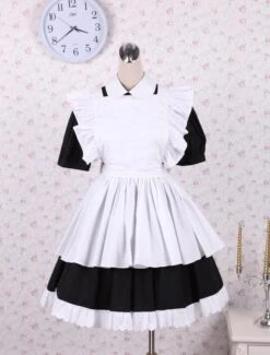 Lolitashow Cotton Black Maid Lolita OP Dress White Apron Short Sleeves -AYA Cosplay Shop Cotton Black And White Lace Cosplay Lolita Dress 16649 4