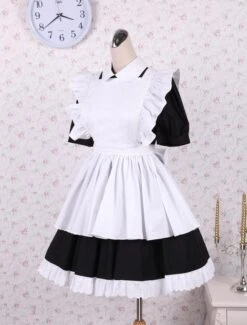Lolitashow Cotton Black Maid Lolita OP Dress White Apron Short Sleeves -AYA Cosplay Shop Cotton Black And White Lace Cosplay Lolita Dress 16649 5