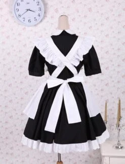 Lolitashow Cotton Black Maid Lolita OP Dress White Apron Short Sleeves -AYA Cosplay Shop Cotton Black And White Lace Cosplay Lolita Dress 16649 6