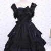 Lolitashow Gothic Lolita Dress JSK Black Ruffles Bow Lace Trim Lolita Jumper Skirt -AYA Cosplay Shop Cotton Black Bow Sleeveless Classic Lolita Dress 16661 2