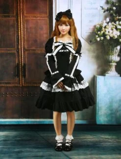 Lolitashow Cotton Black Lace Bow Lolita Dress Outfit