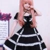 Lolitashow Cotton Black Lace Bow Short Sleeves Gothic Lolita Dress -AYA Cosplay Shop Cotton Black Lace Bow Short Sleeves Gothic Lolita Dress 13041 2