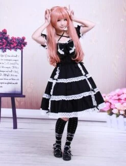 Lolitashow Cotton Black Lace Bow Short Sleeves Gothic Lolita Dress -AYA Cosplay Shop Cotton Black Lace Bow Short Sleeves Gothic Lolita Dress 13041 3