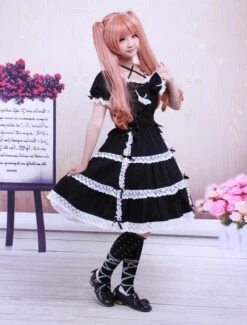 Lolitashow Cotton Black Lace Bow Short Sleeves Gothic Lolita Dress -AYA Cosplay Shop Cotton Black Lace Bow Short Sleeves Gothic Lolita Dress 13041 4